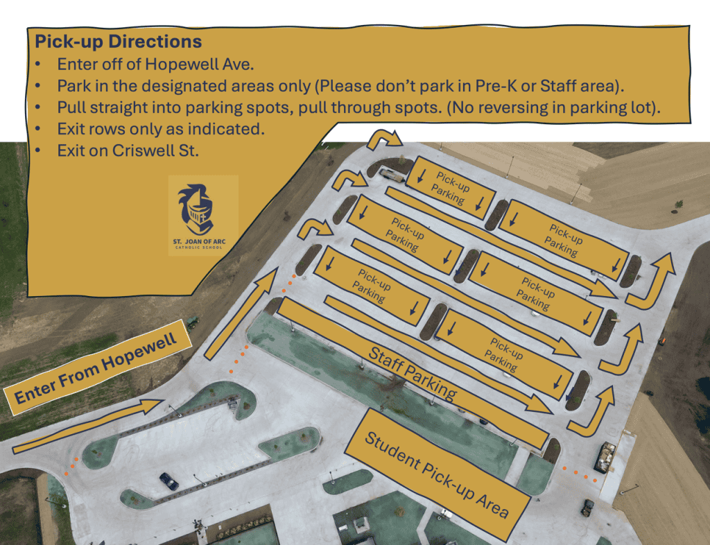 Newly constructed St. Joan of Arc Catholic School parking lot with designated pick-up zones and clear directional signage, designed for efficient drop-off and pick-up of students.